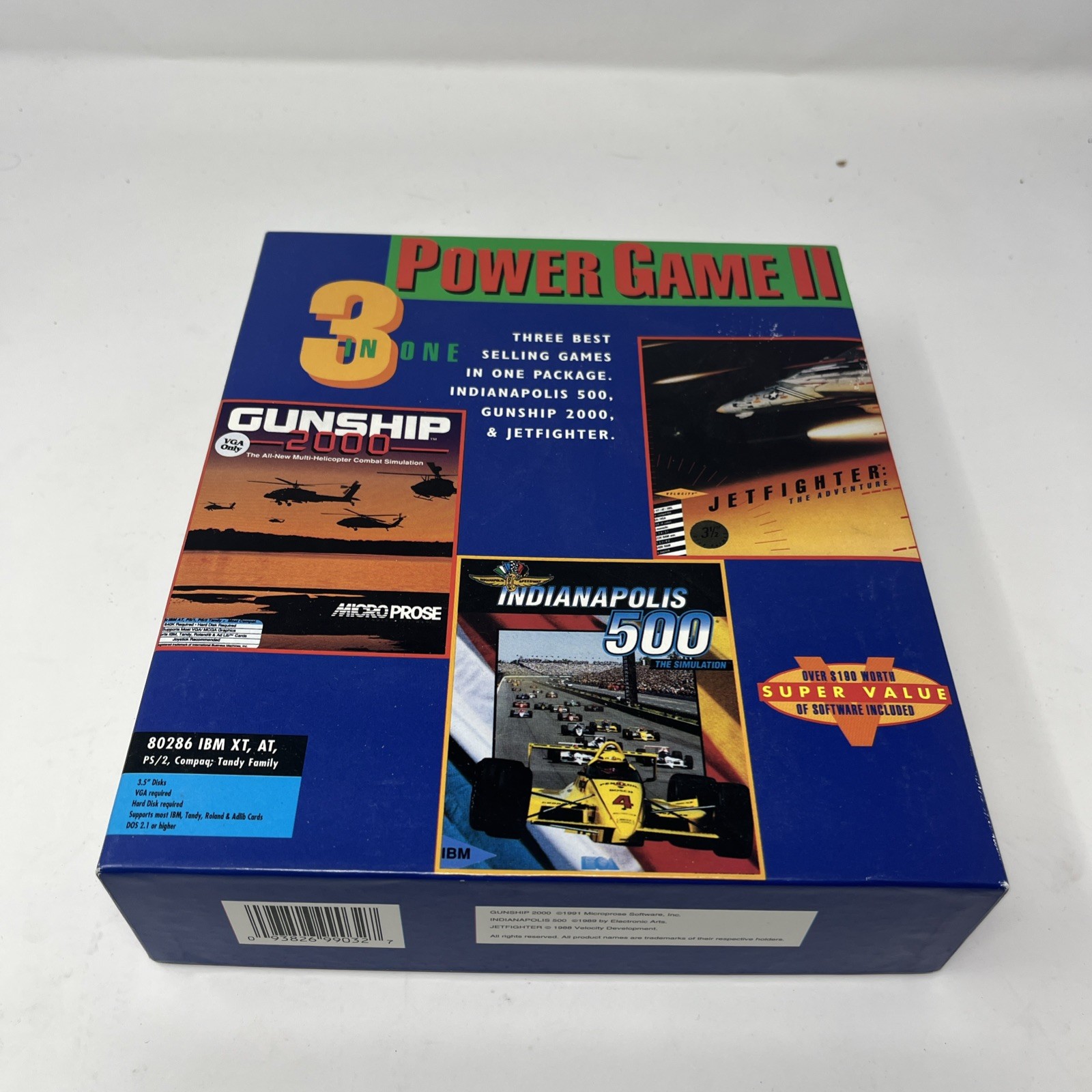 Power Game II Jetfighter Gunship 2000 Indianapolis 500 Big Box Vintage PC 3.5