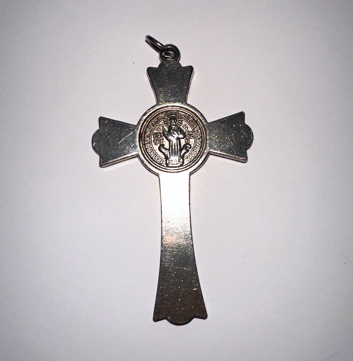 Saint Benedict INRI Christian Cross Pendant w/ Round Medallion Center, Metal