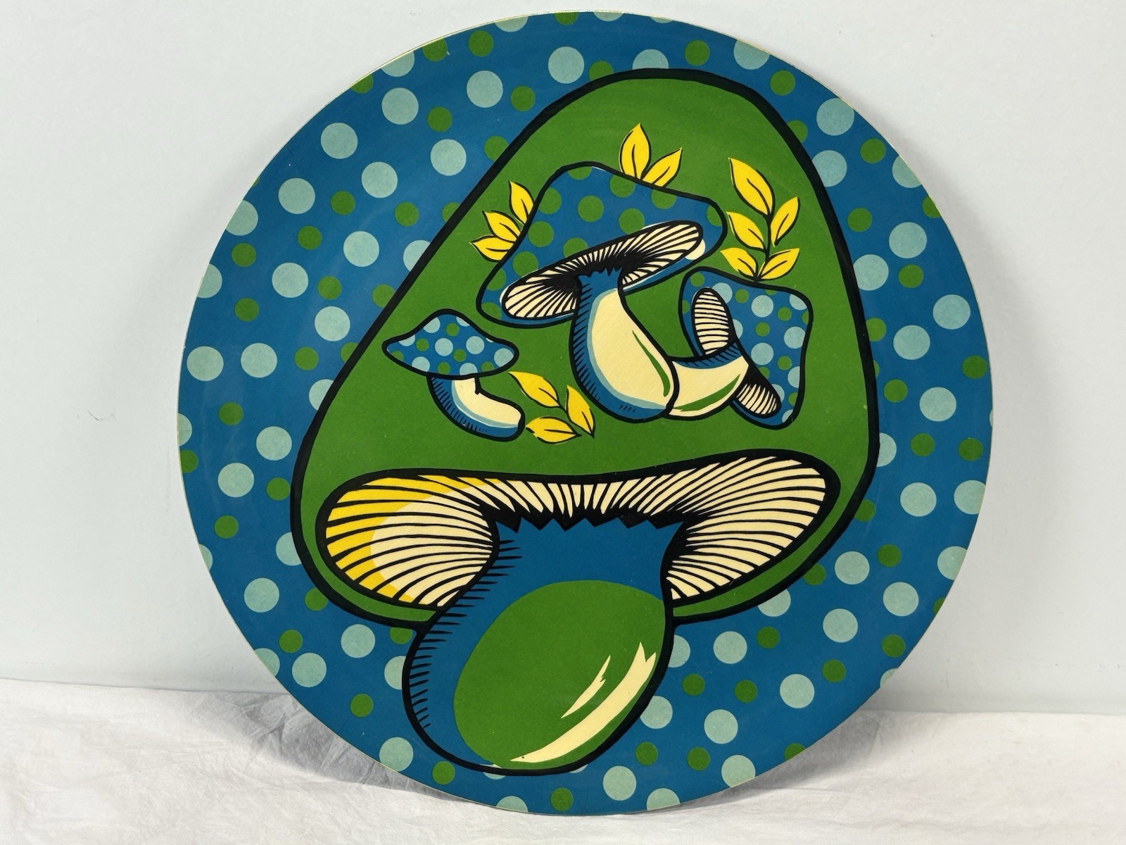 Vtg 60s Psychedelic Mushroom Tray Platter Blue Polka Dot 14” Plastic Retro Groov