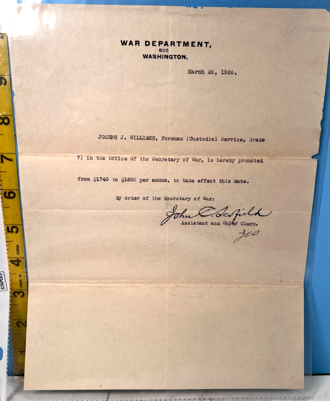 1926 War Department Promoted Raise for Custodian Letter