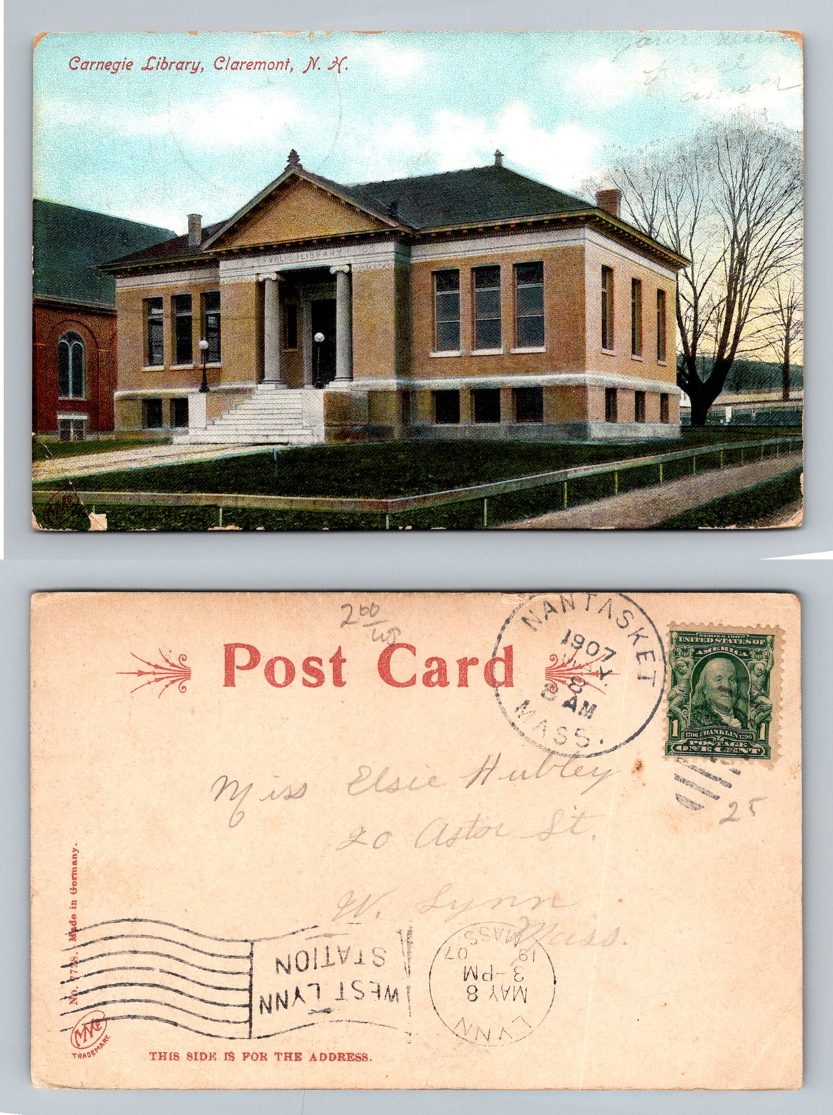 Claremont, NH-New Hampshire, Carnegie Library Buiilding Vintage c1907 Postcard
