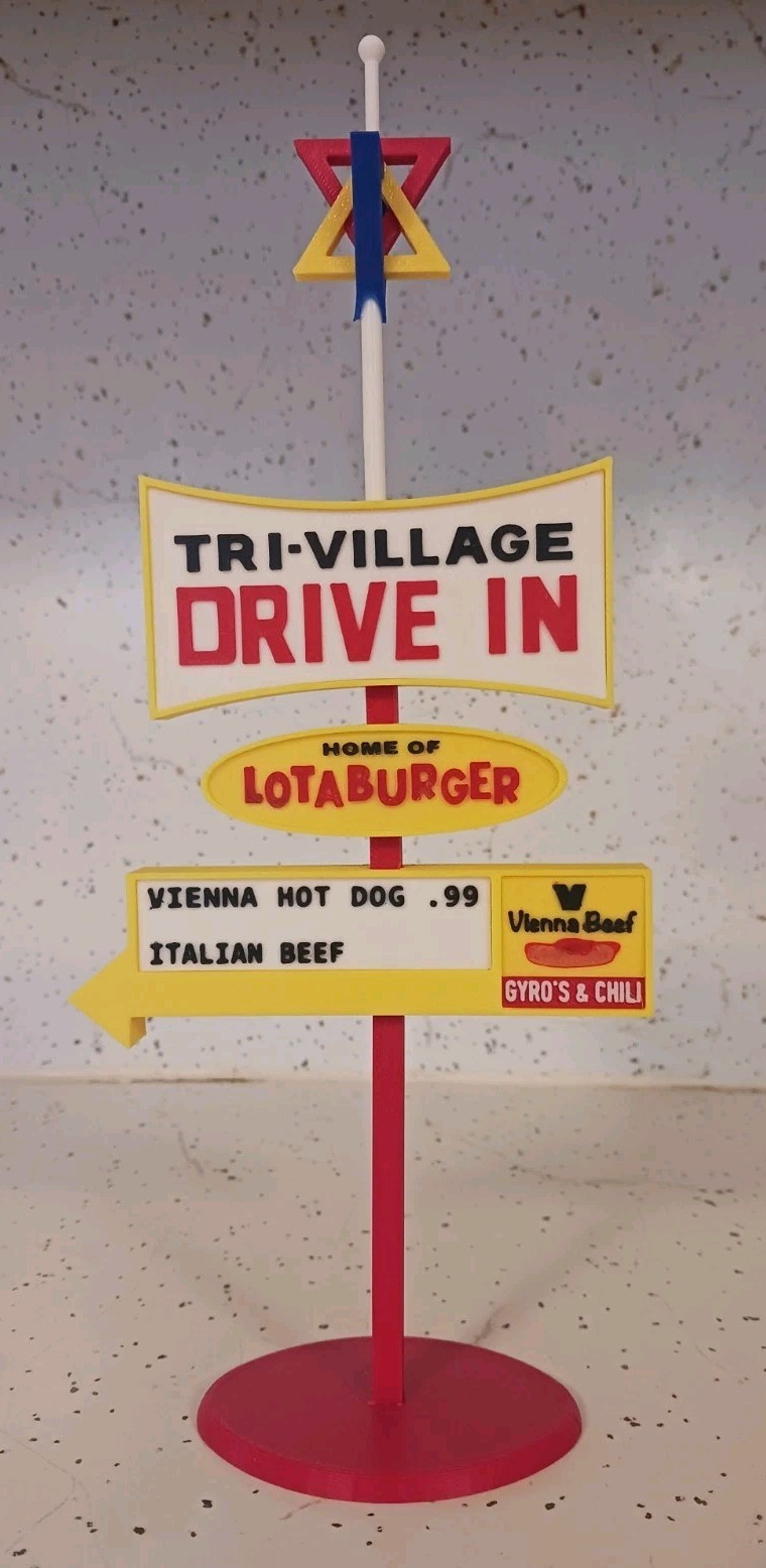 Tri-Village DRIVE IN Custom 3d Printed Miniature Sign. UPDATED w/STAR and ARROW.