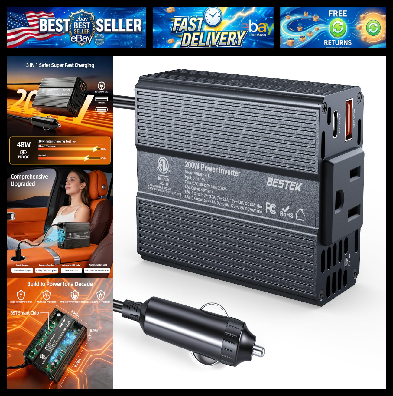 BESTEK Power Inverter DC 12V to AC 110V - 200W Car Plug Adapter Outlet PD 30W US