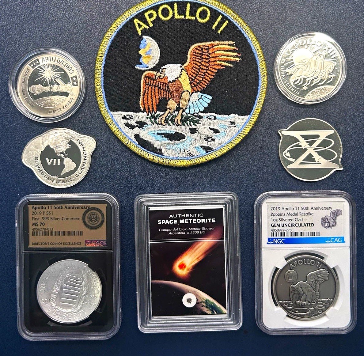Space Collection - Apollo 11 Patch, Silver Coins, Medals, meteorite Space