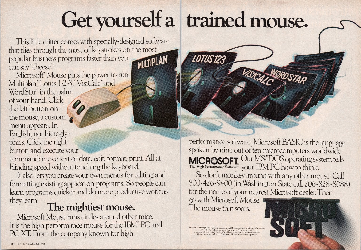 Microsoft Mouse Vintage 1984 2 Pg Print Ad IBM PC Software Multiplan Lotus 123