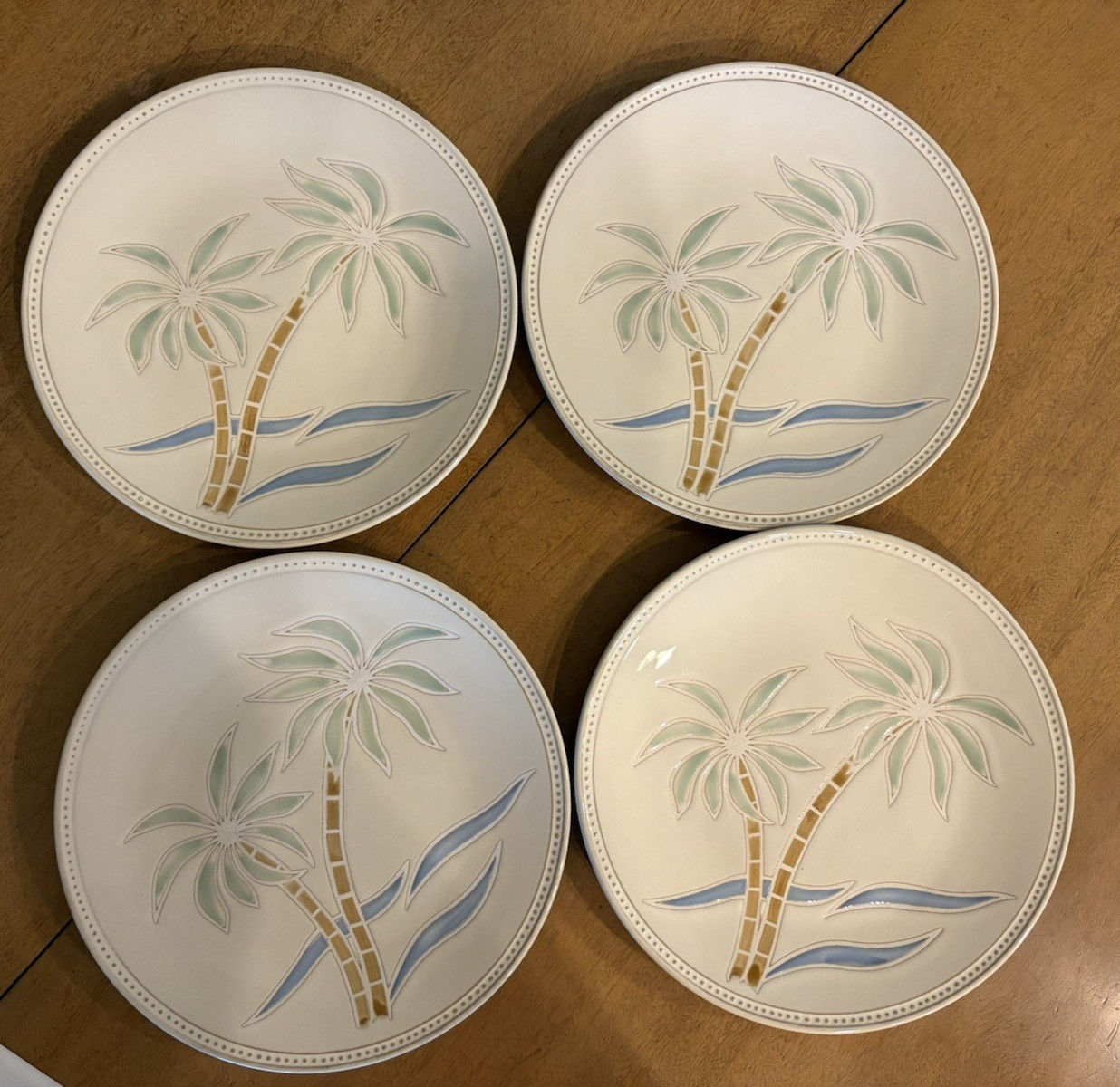 4 Pfaltzgraff Everyday Palm Dinner Plates Trees Cream Tan Stoneware 11.25