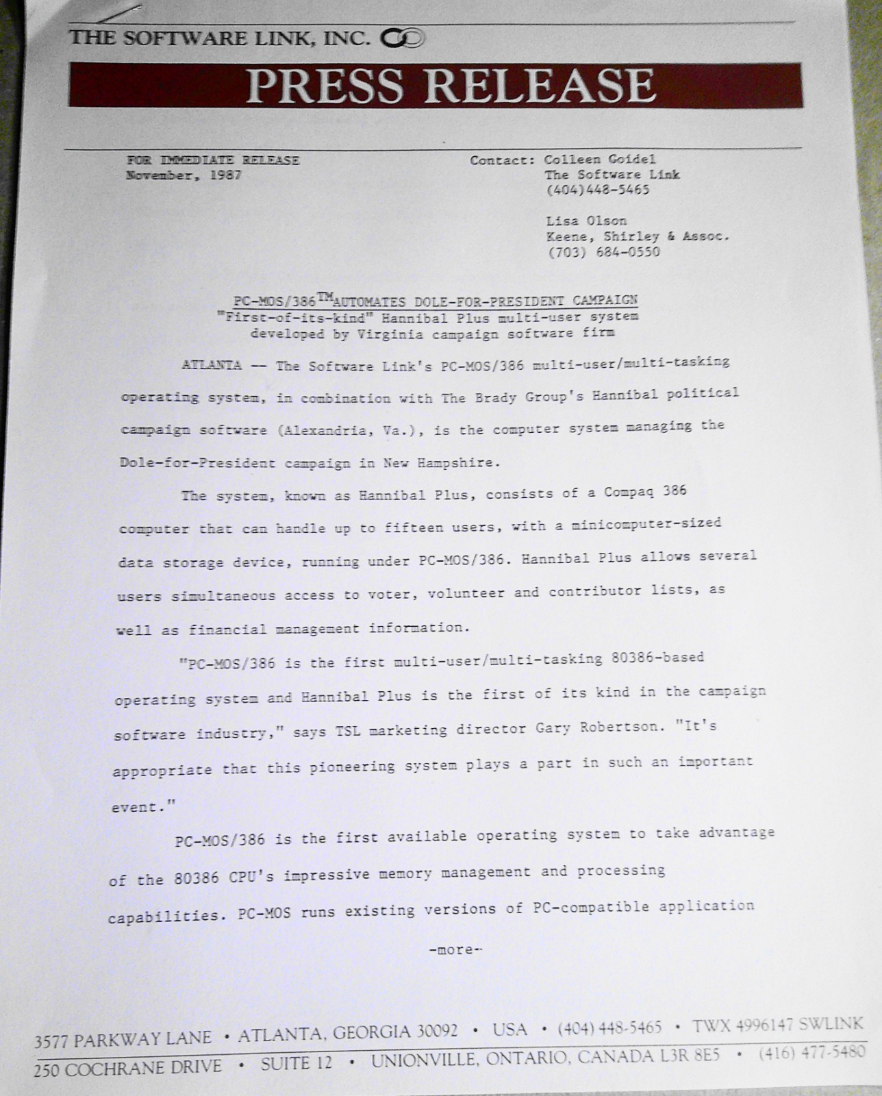 PC-MOS/386 Automates Dole-For-President Campaign - Press Release, 1987