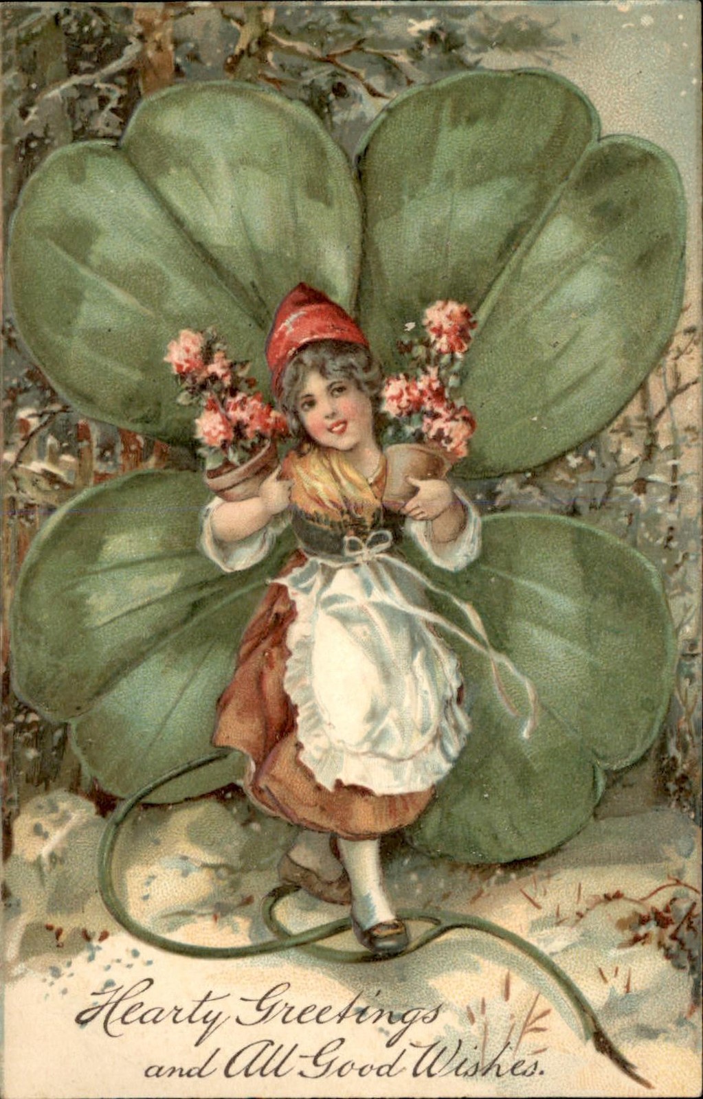 New Year's Girl in Clover Blossom Fantasy Embossed c1900s-10s Vintage Postcard