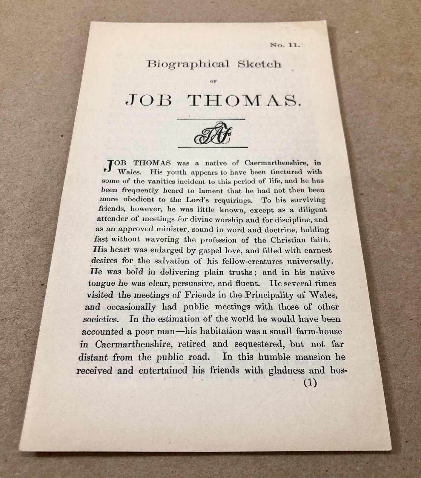 Biography of Job Thomas, 1880s Society of Friends, Tract 11 Pamphlet (Quakers)