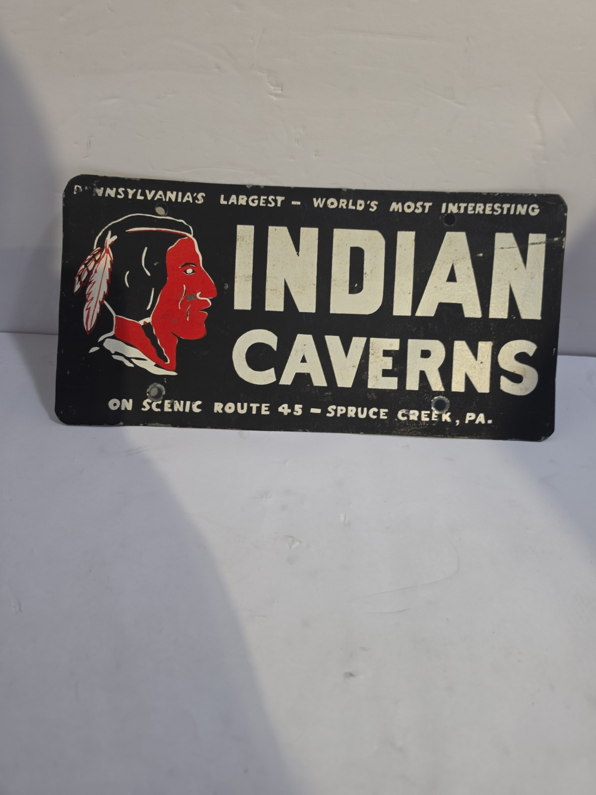 Vintage 1950's Indian Caverns Tourist License Plate - Spruce Creek PA