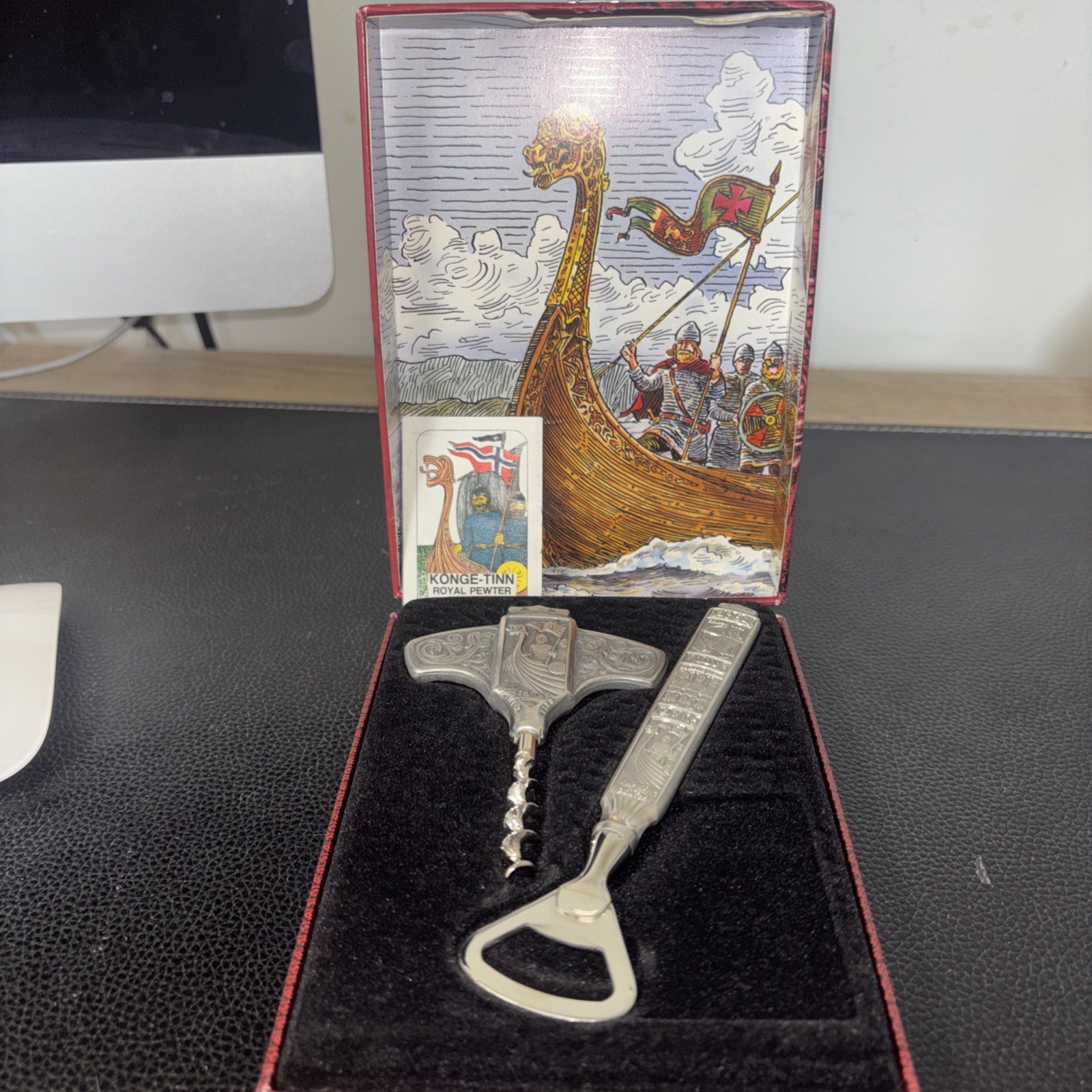 Vintage KONGE TINN Norway Royal Pewter Vikings Wine Bottle Opener w/Original Box