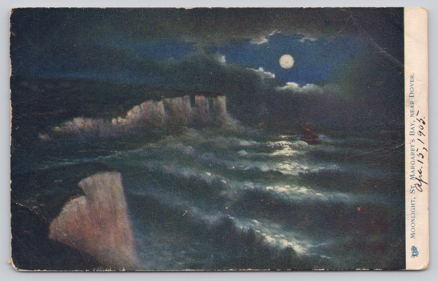 1903 Moonlight St. Margaret\'s Bay Dover Cliffs Oilette Postcard Tuck \