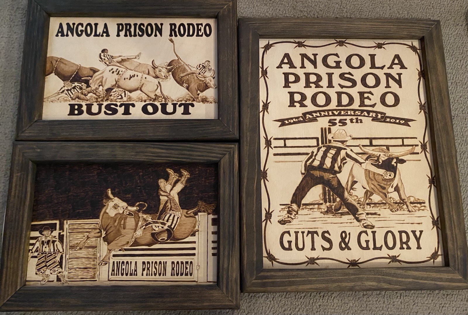 Angola Prison Rodeo 2019 55th Anniversary 3pc Inmate Made Wood Art