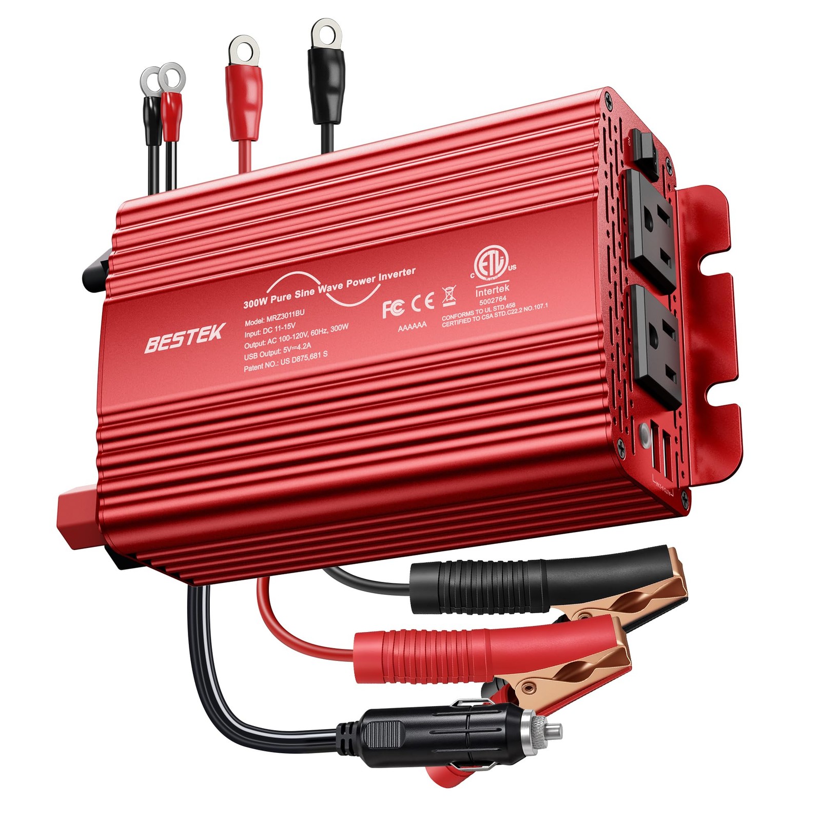 BESTEK 300W Pure Sine Wave Power Inverter - DC 12V to AC 110V Car Red