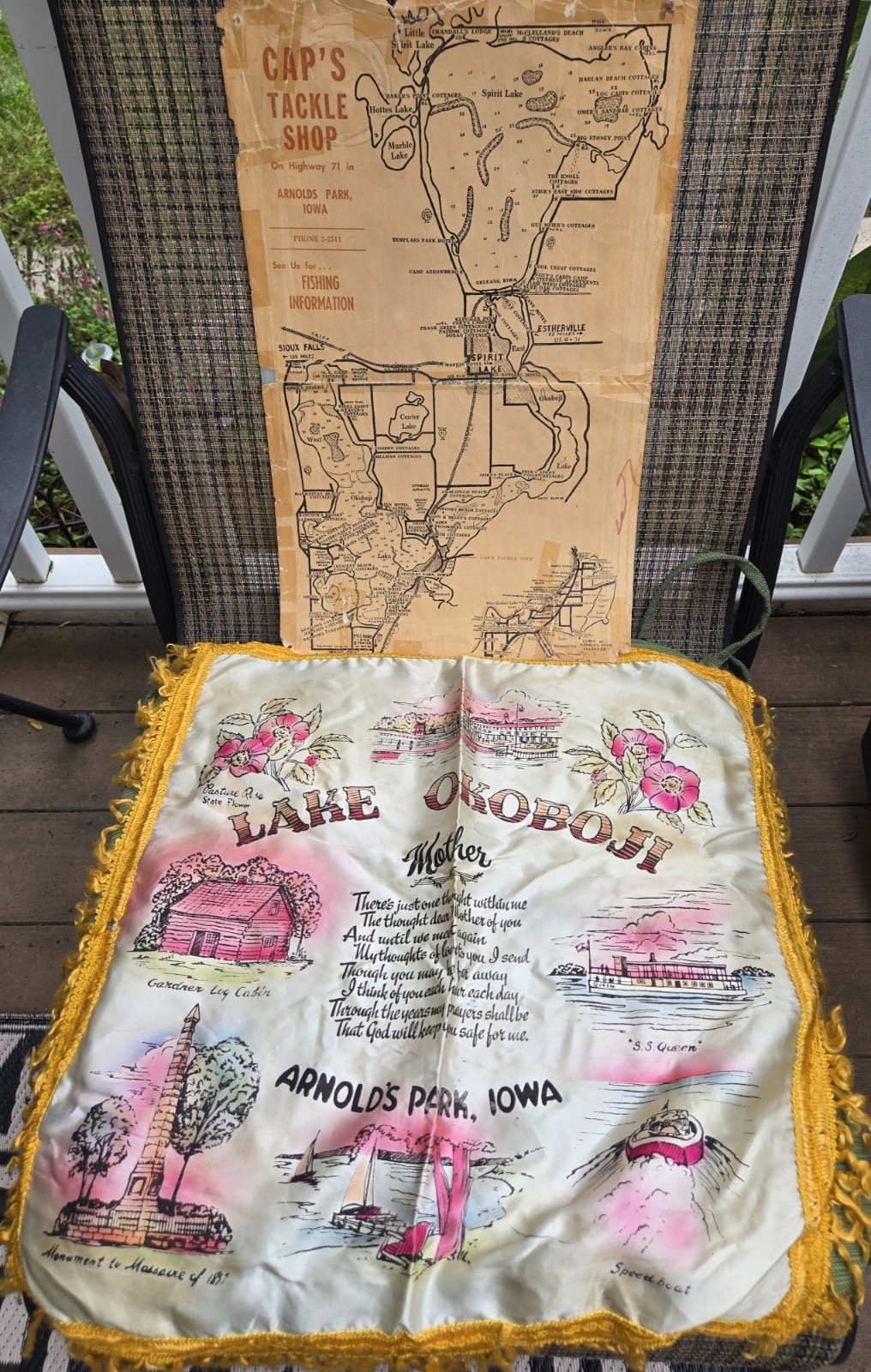 Vtg 1950's Cap's Tackle Shop Okoboji Arnolds Park Map & Souvenir Pillowcase Iowa