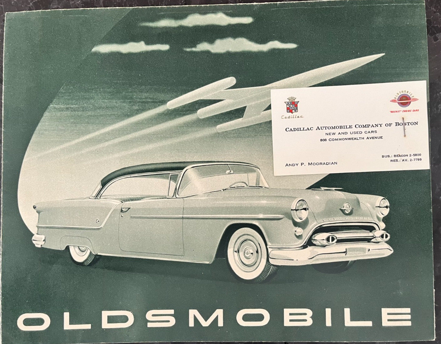 1954 Oldsmobile Sales Brochure Fold Out Catalog w Cadillac Boston Business Card