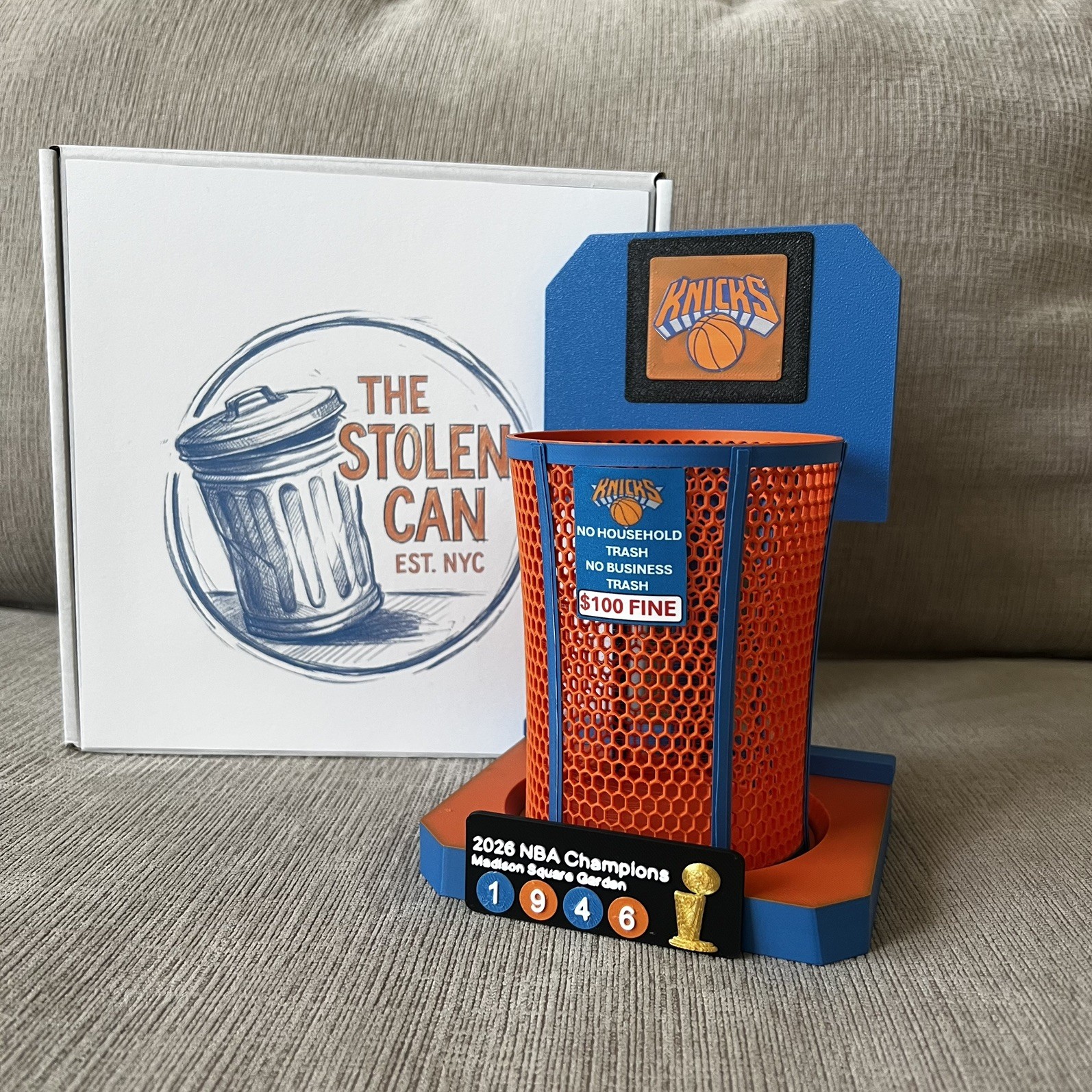 NY Knicks Trash Can Mini Trash Can - Basketball Gift Blue Orange Trash Can Hoop