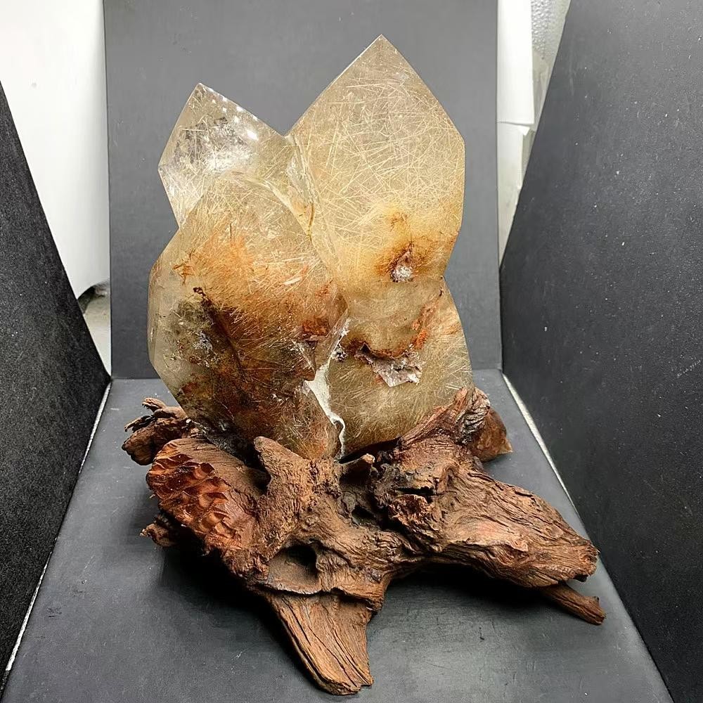 9.15LB Rare Natural Rutilated Specimen Quartz Crystal Cluster Point Reiki +stand