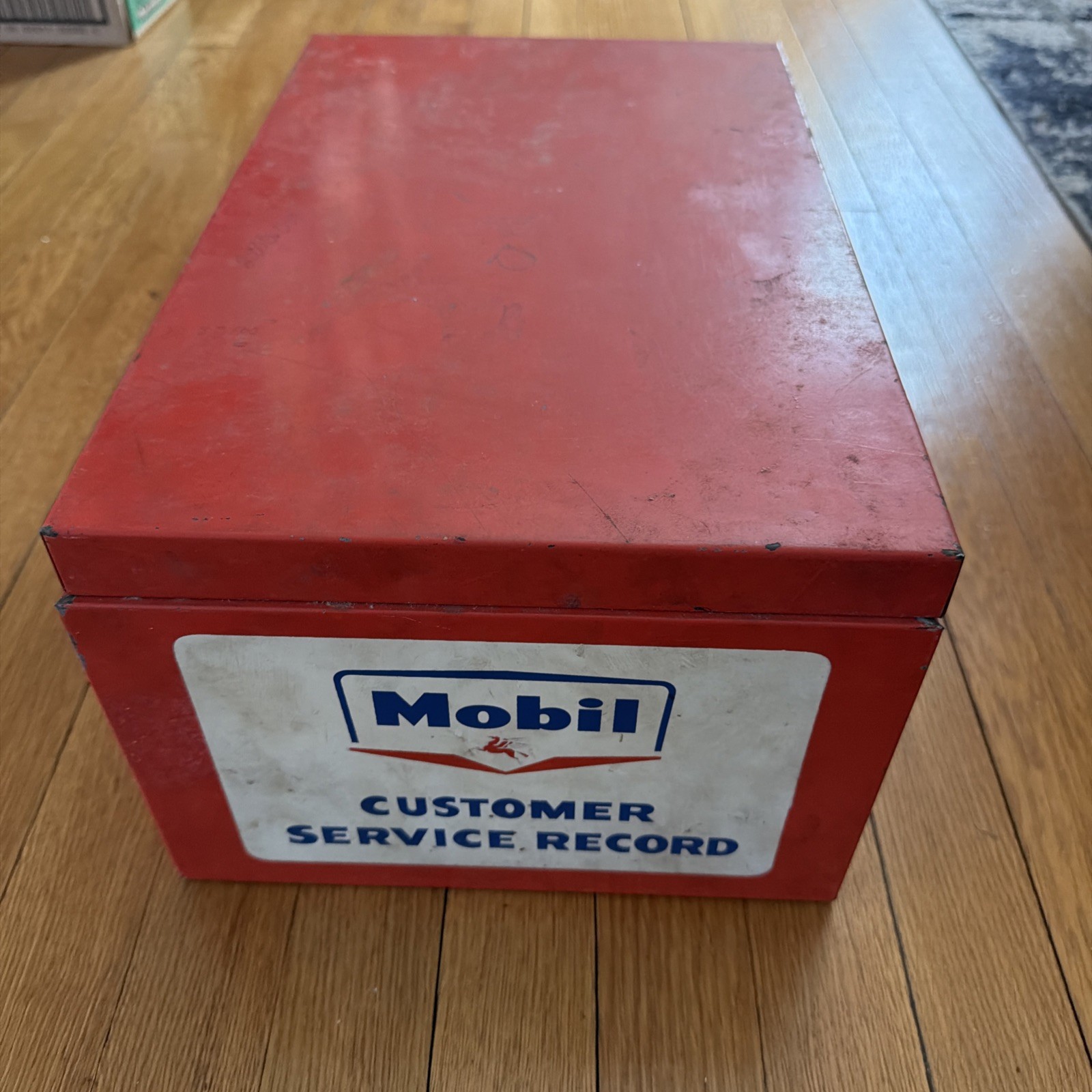 Vintage Mobil Pegasus Customer Service Record Metal File Box Gas Oil Garage Sign