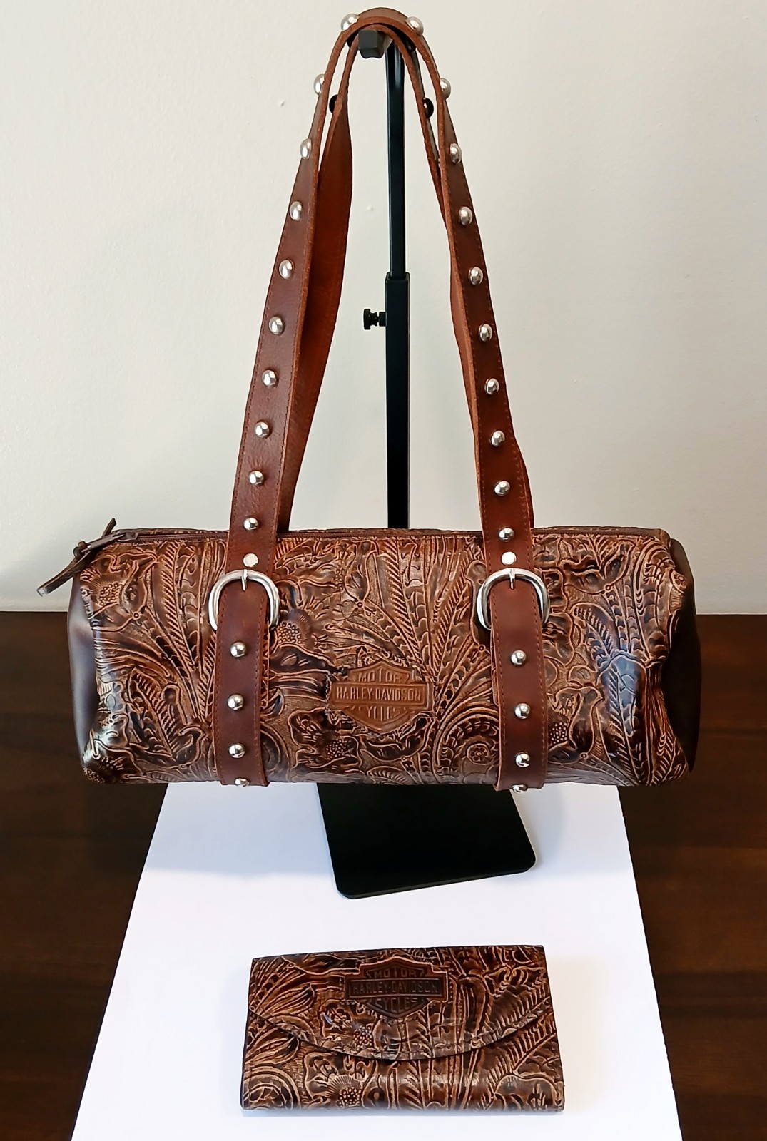 Vintage Harley-Davidson Embossed Leather Barrel Shoulder Bag & Matching Wallet