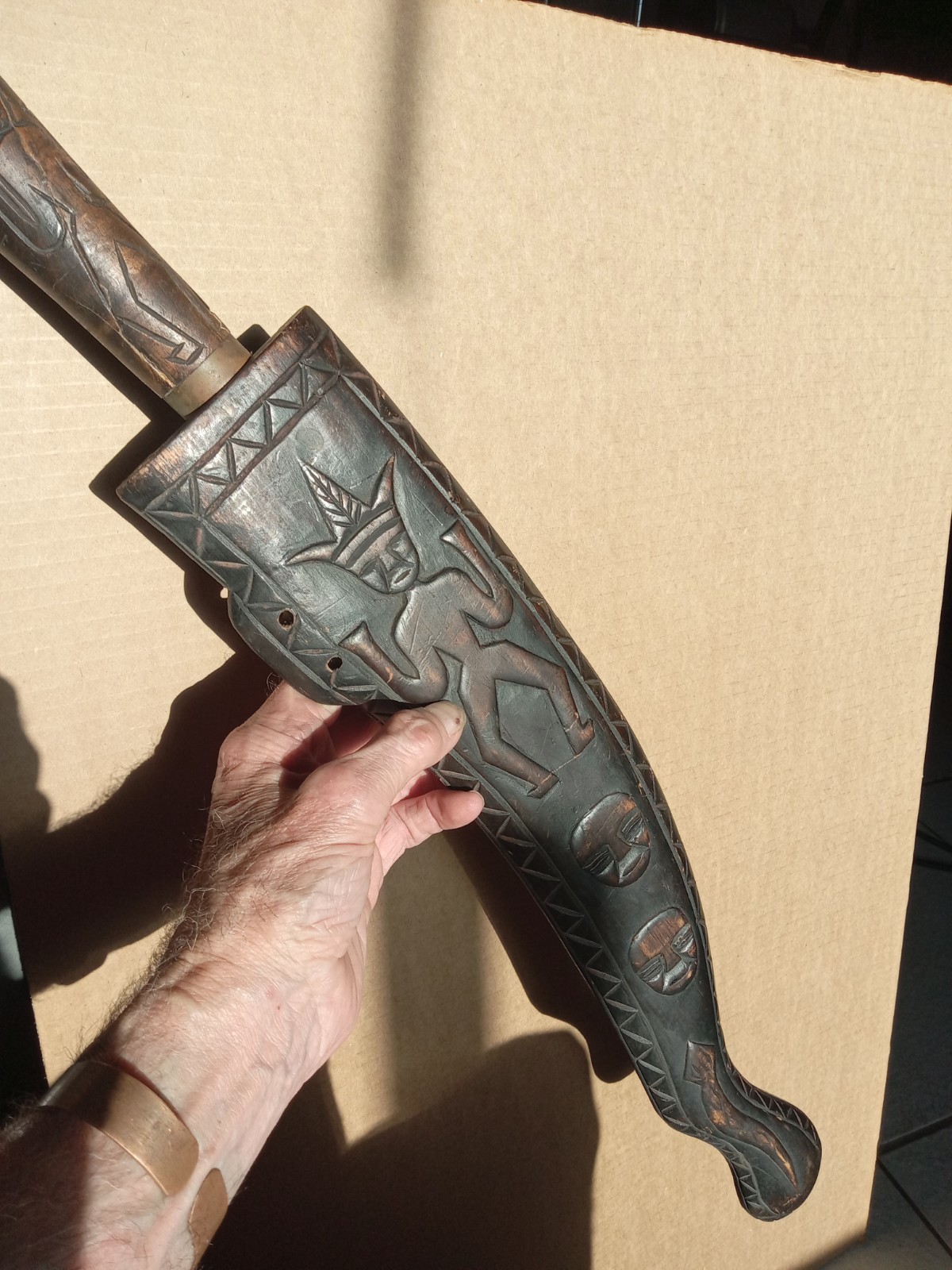 Taiwan Paiwan Knife Or Sword With Figural Relief Carvings On Scabbard Old