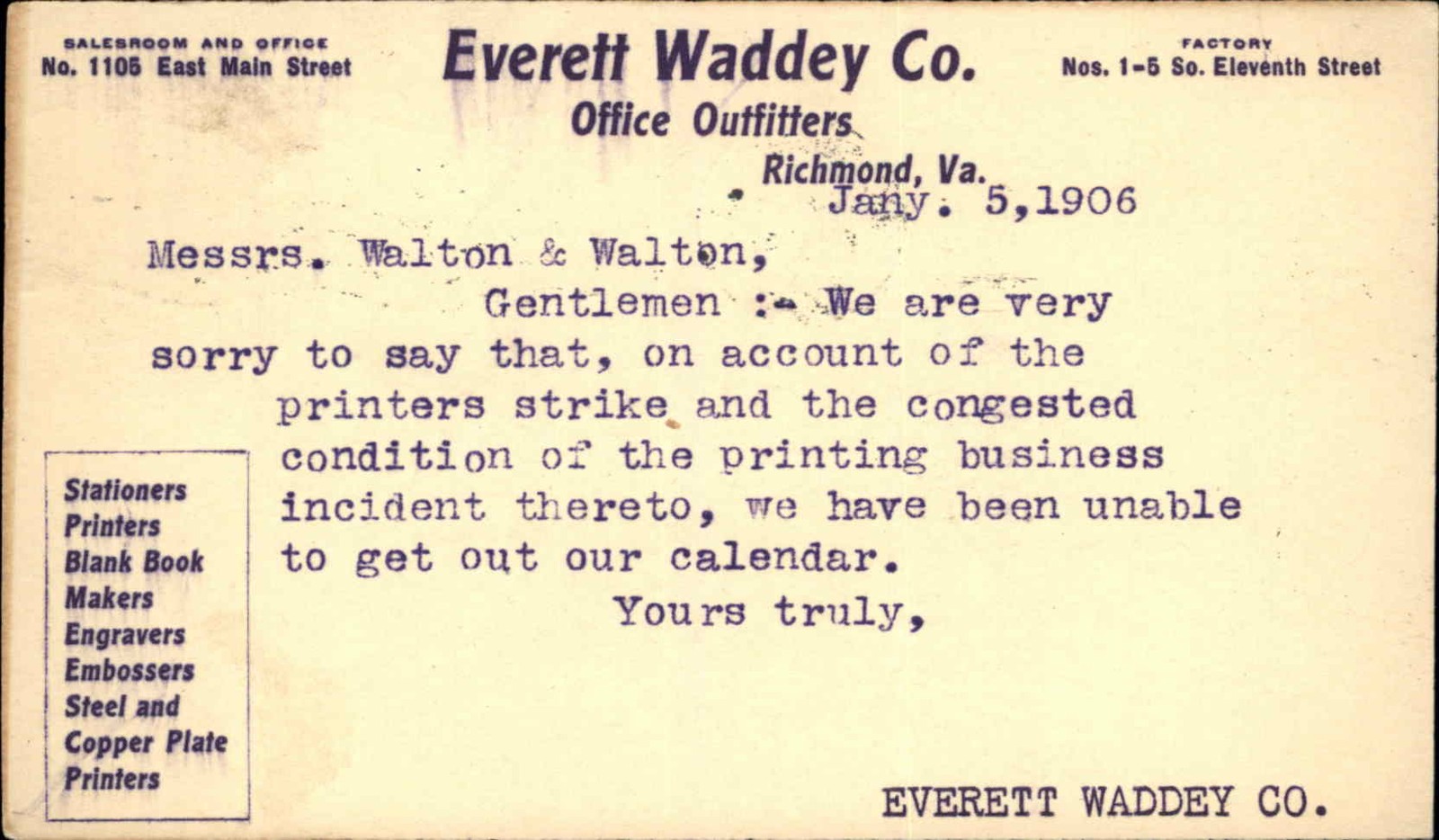 RICHMOND VA Everett Waddey Co POSTAL CODE PRINTERS LABOR STRIKE