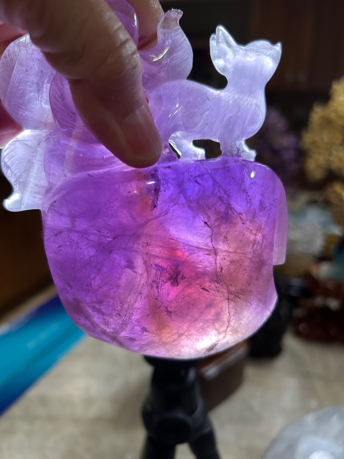 9 nine tail Fox Amethyst Ametrine hand carved with custom wood stand