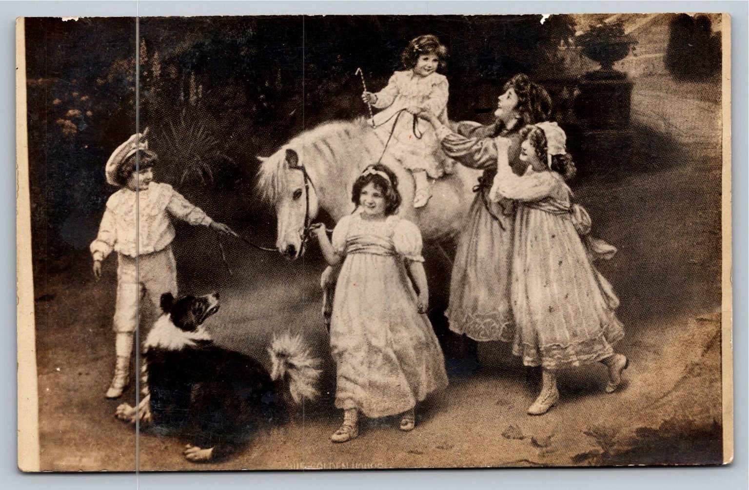 Vintage RPPC Children Pony Dog Photo Postcard Edwardian Era Sepia