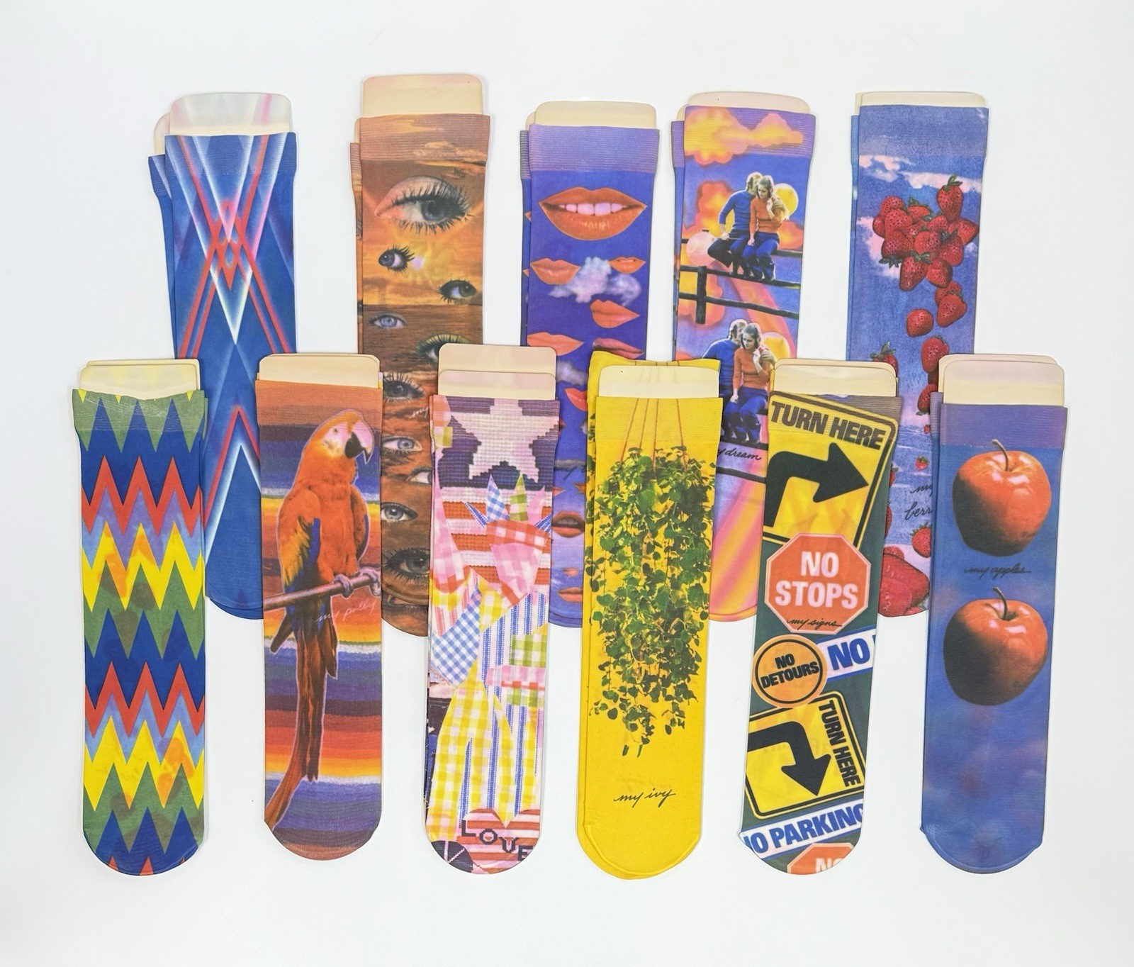 Lot of 11 1960's Psychedelic Pattern Knee High Stocking Socks Stretch Nylon NOS