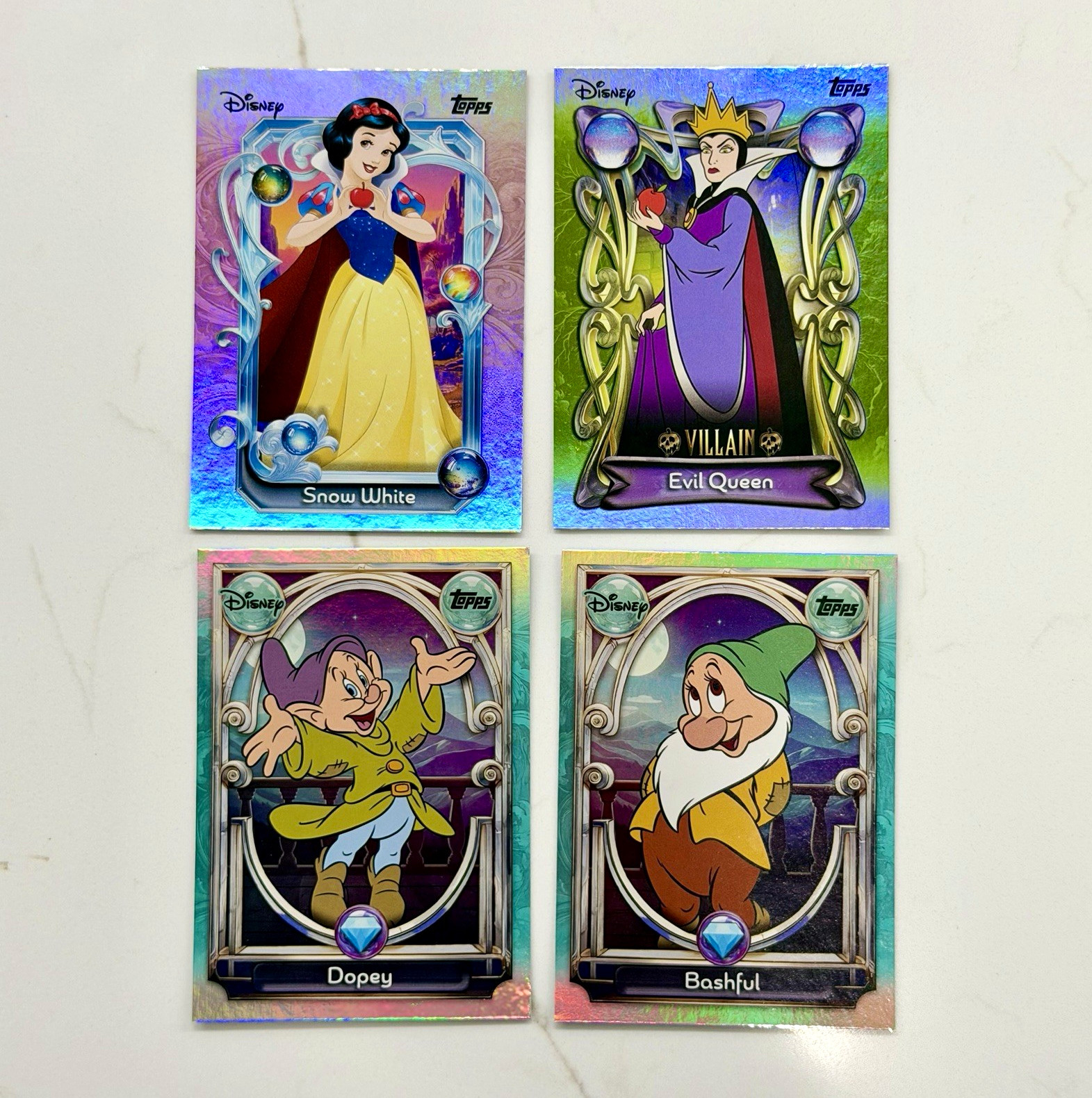 2015 Topps Disney Chrome Snow White Evil Queen Dopey Bashful Foil Lot 4pc