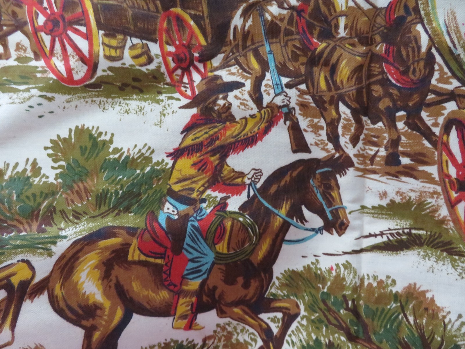 2pc Old Cowboys & Indians Stagecoach Barkcloth Fabric Perfect 4 Pillows #6