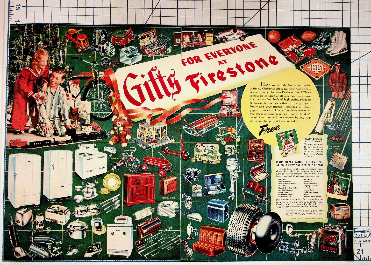 Vintage 1947 Firestone Christmas Ad Appliances Toys Tires Comic Books Ephemera