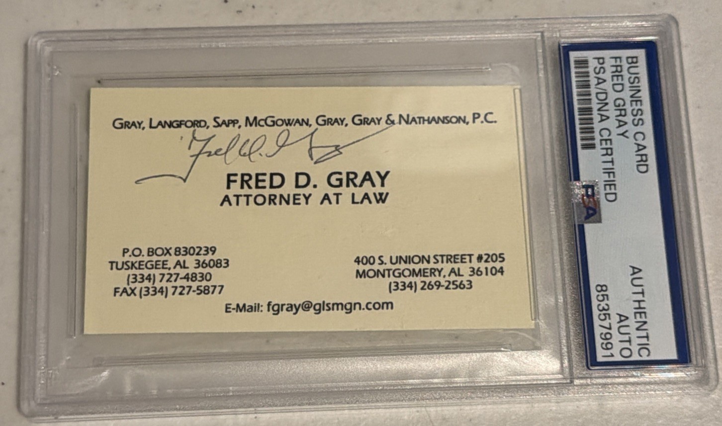 Fred Gray Attorney At Law PSA DNA Signed Business Card