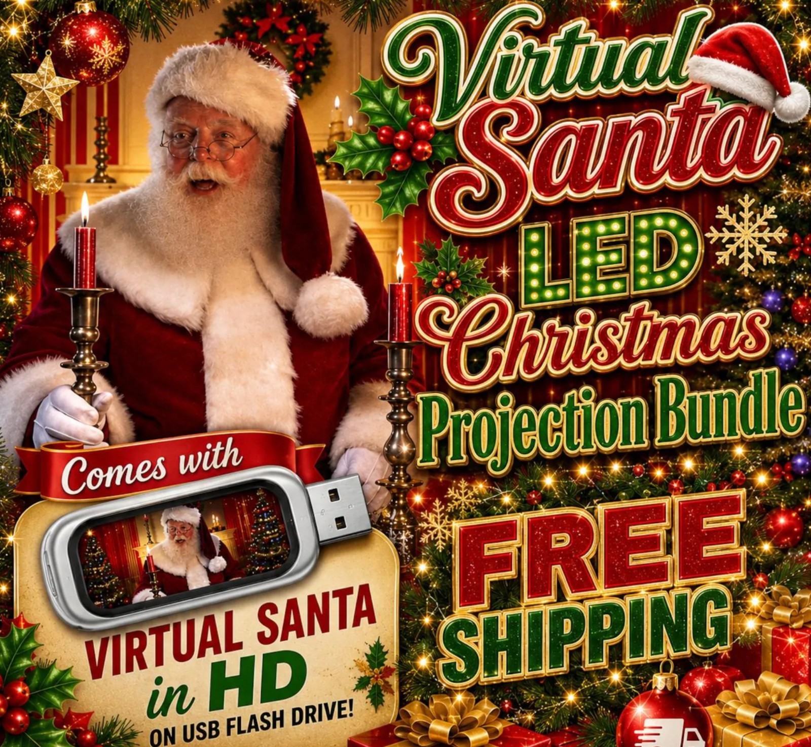Virtual Santa LED Projection Kit: LED Projector, Screen, 29 Effects on USB