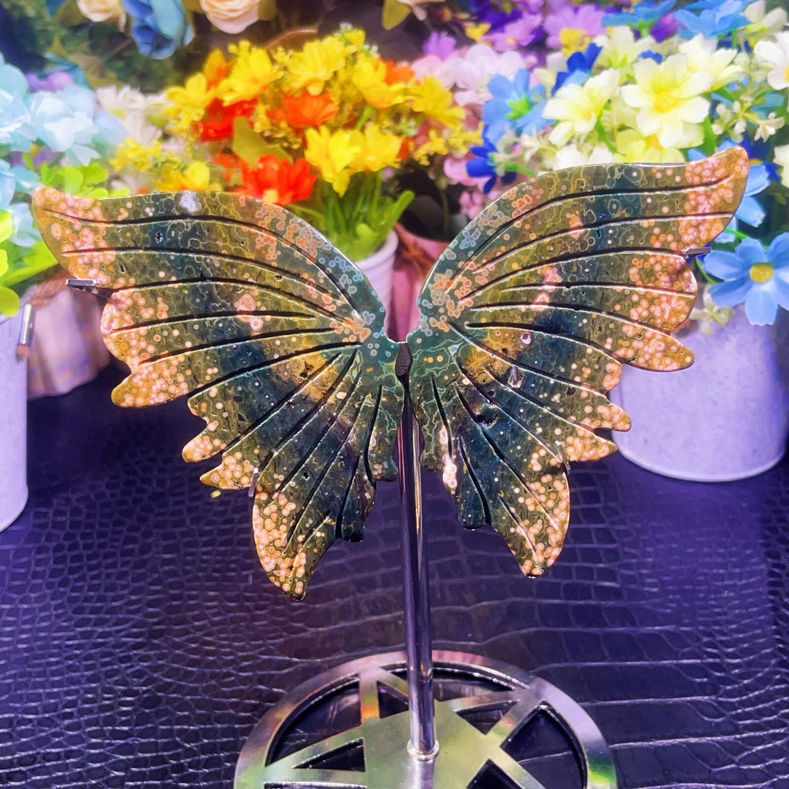 TOP 233G Natural Handcarved Ocean Jasper Butterfly  wings Crystal Healing 1