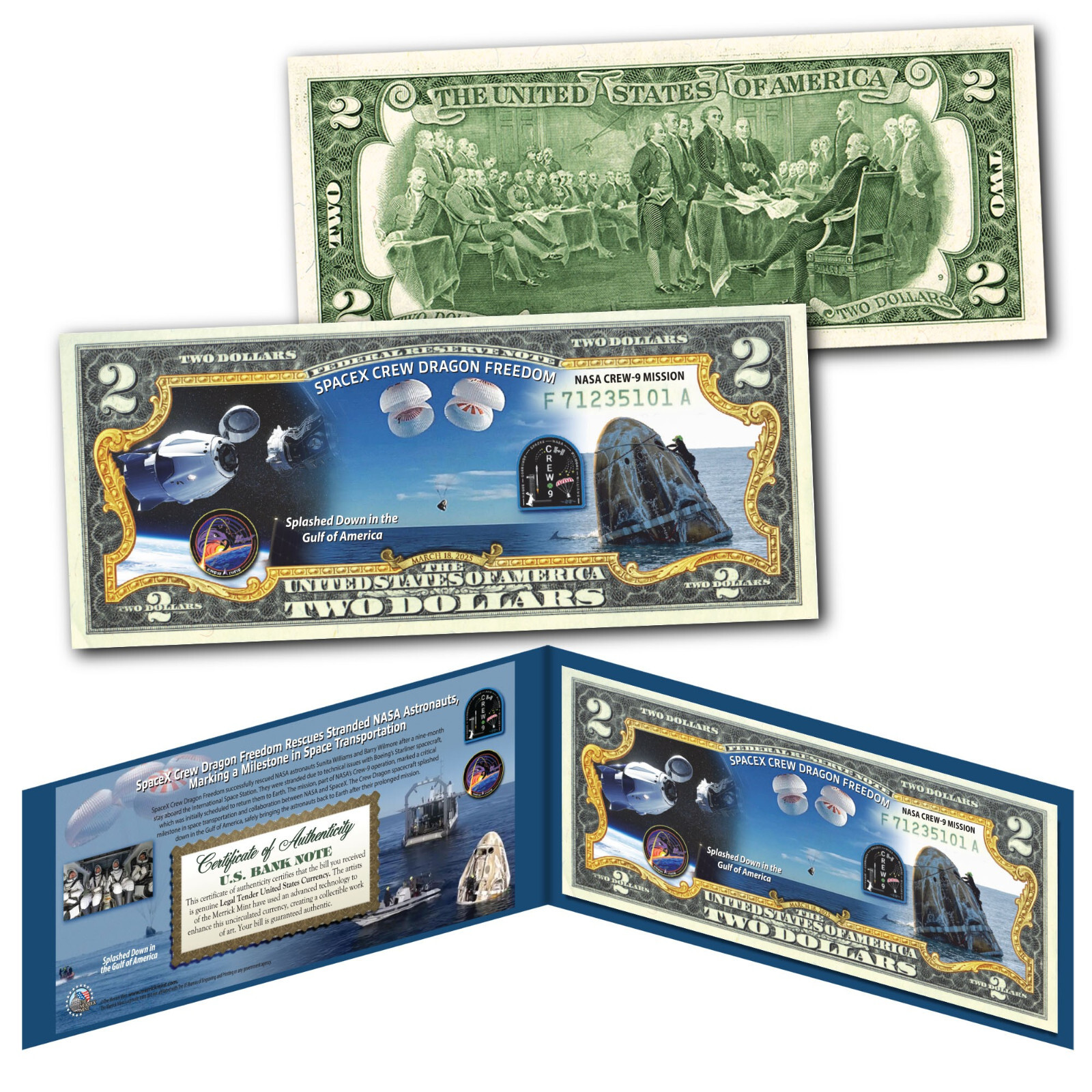 SpaceX Crew Dragon Splash Down Rescue NASA 9 Mission Gulf of America US $2 Bill