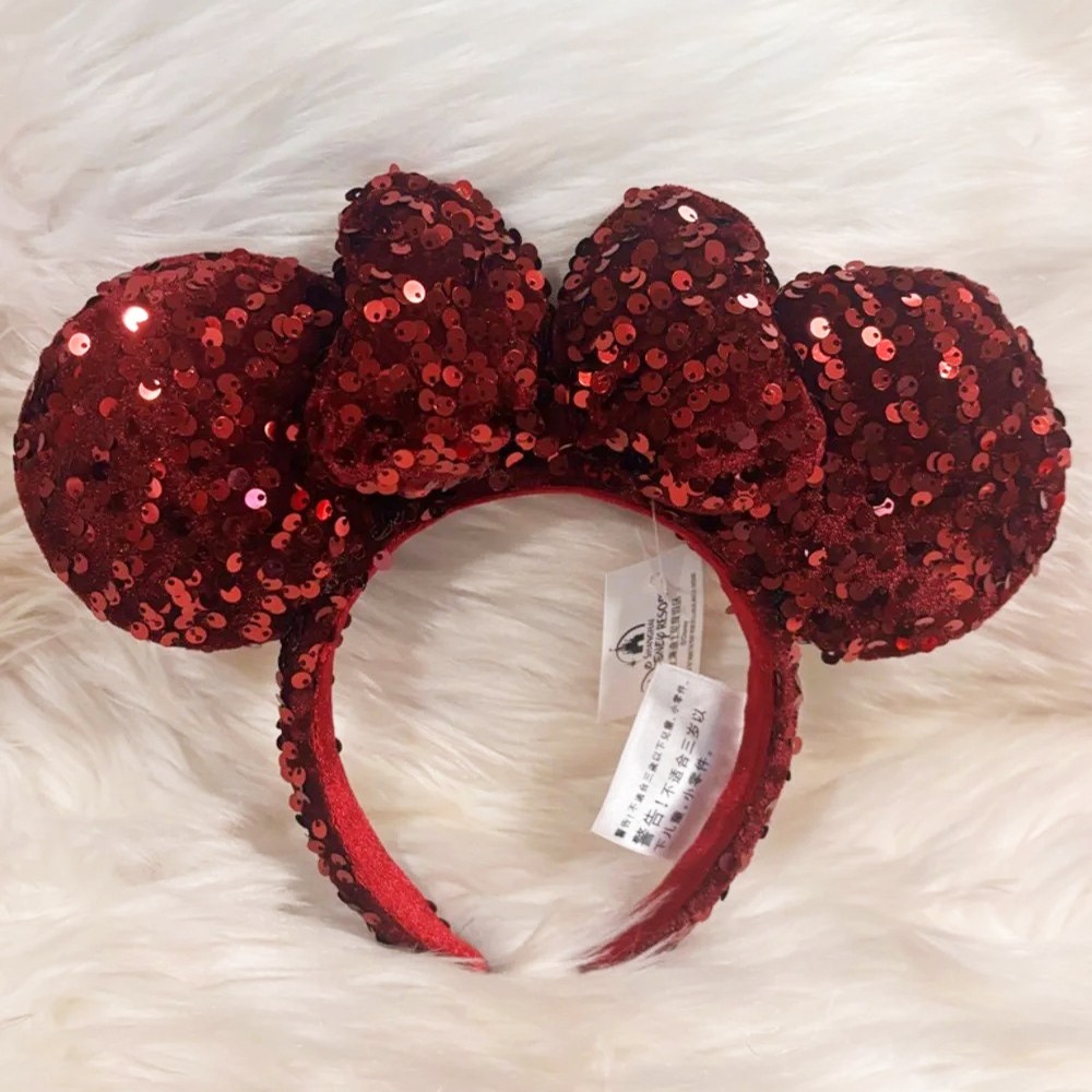 Disney- Parks Dark Red Velour Sequin Minnie Ears Bow Mickey Mouse Headband NWT