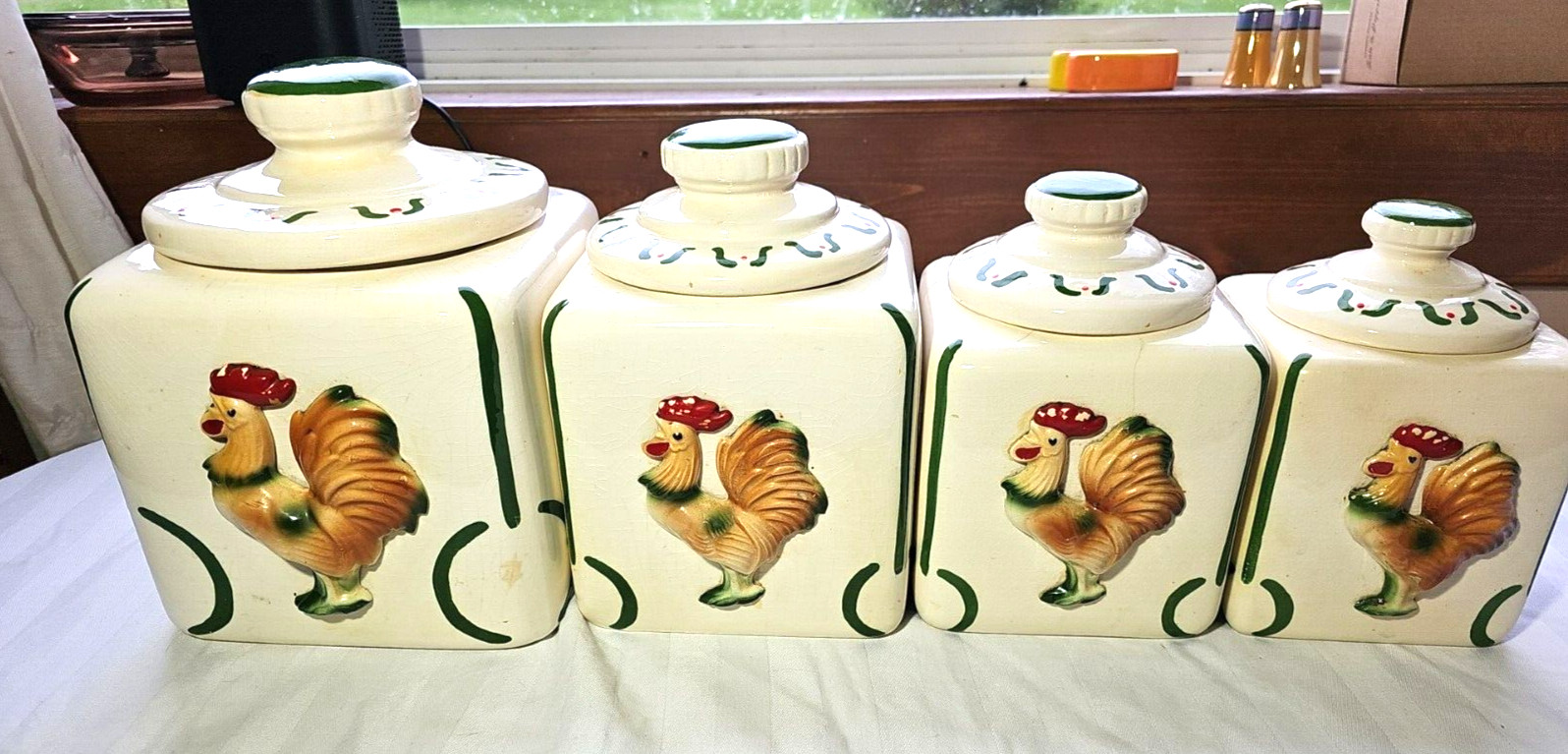 3D Sierra Vista Rooster Canister Set of 4, Vintage  RARE COMPLETE, Hand painted.