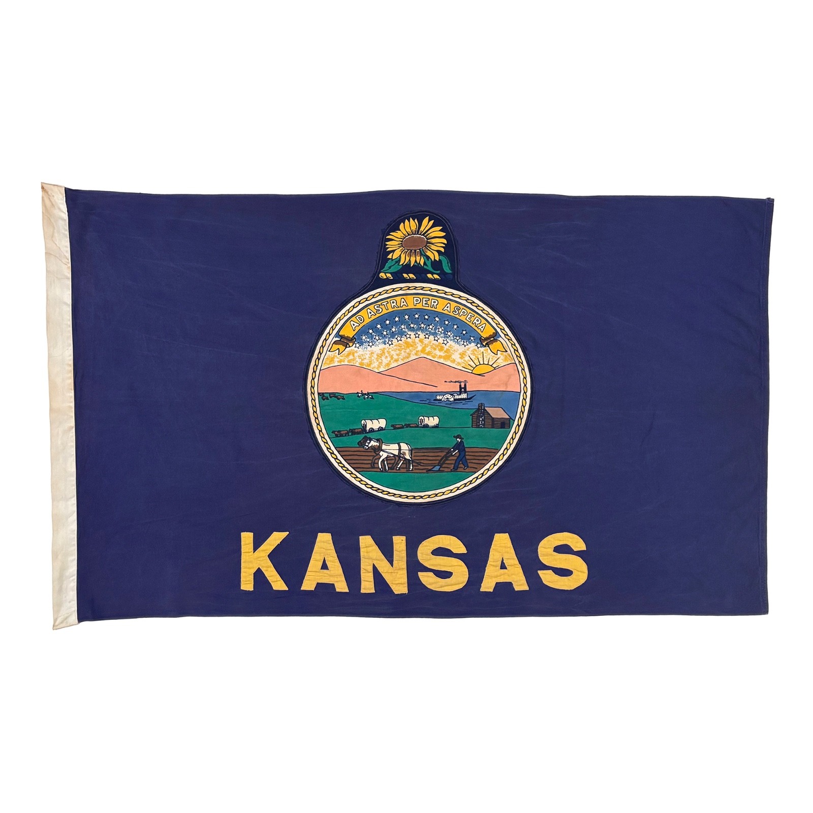 Vintage Cotton Kansas State Flag Sewn Letters Old Cloth American Textile Art