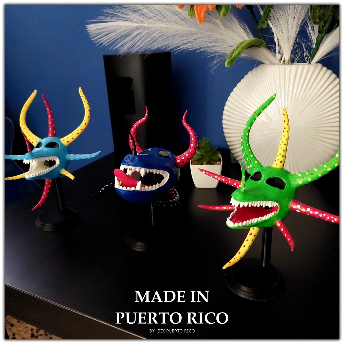 Pack of 3 Vejigante Masks Puerto Rico 7.5 inches tall  (desk or wall decor)