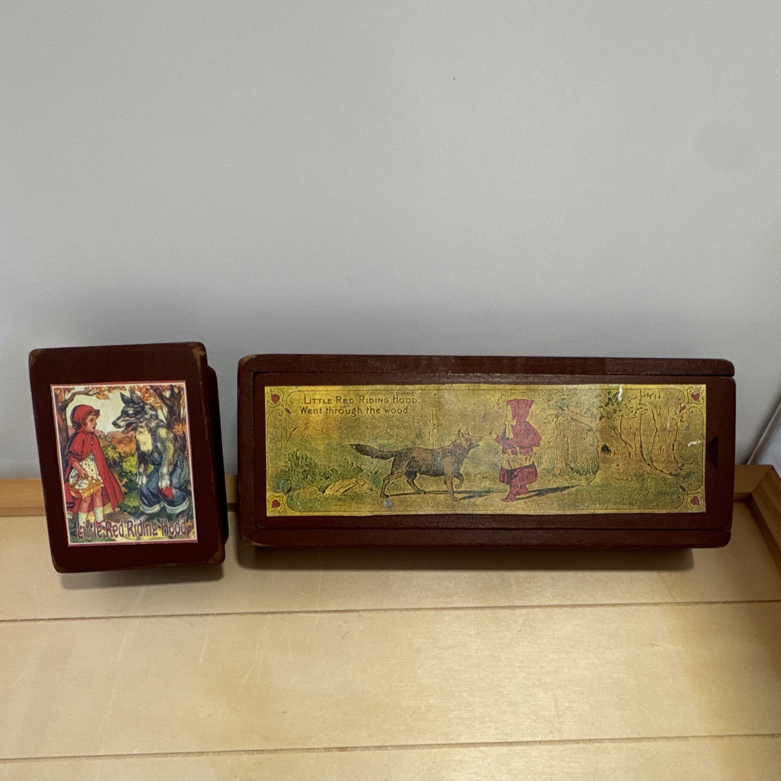 Vintage Wood Little Red Riding Hood Trinket Box Set, Sliding Lid, 2-Piece