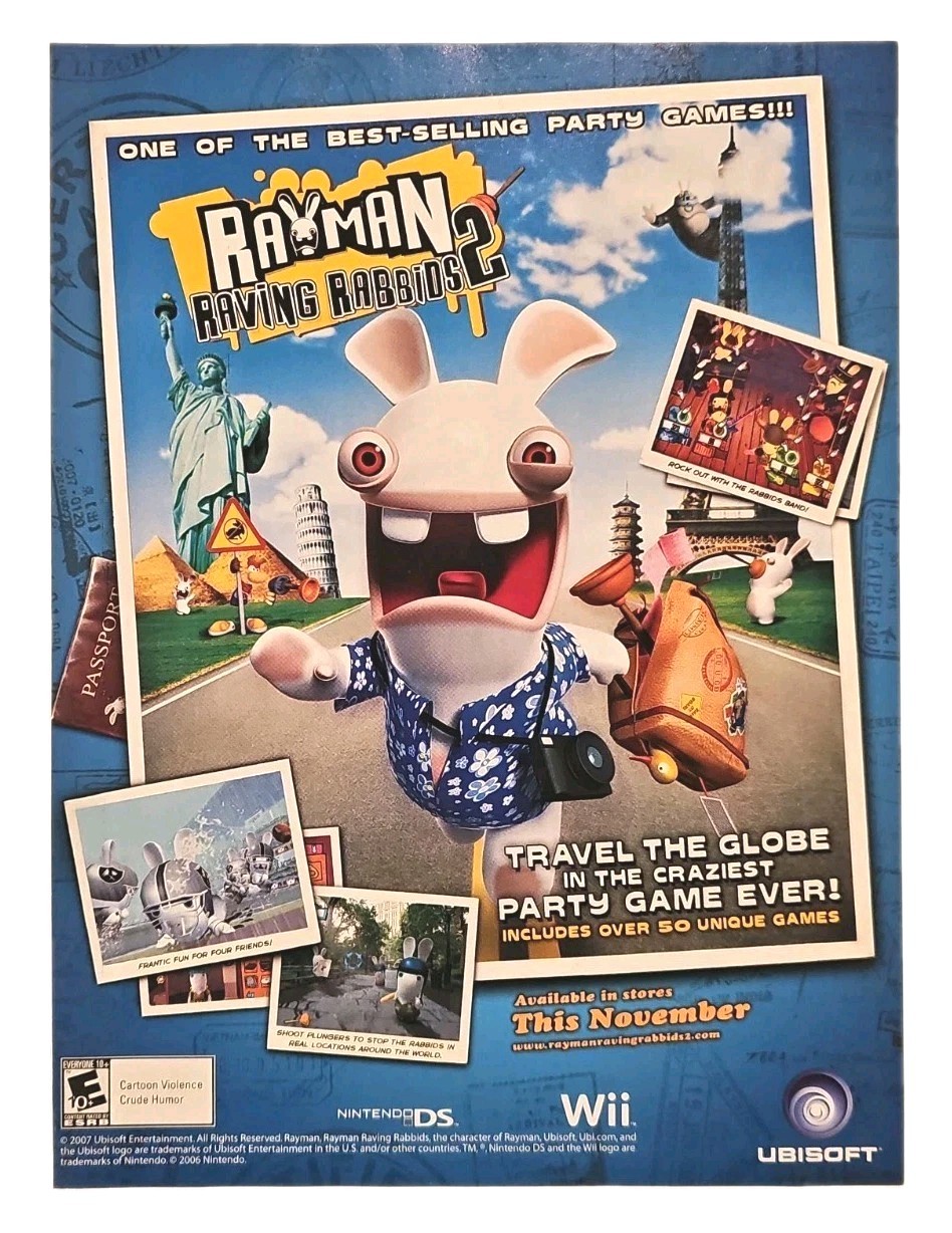 2007 Rayman Raving Rabbids 2 Nintendo DS Wii Original Print Ad - 7.75\