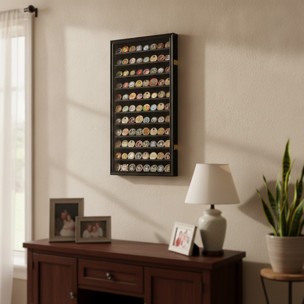 Lockable Black Challenge Coin Display Cabinet - Perfect for Military Memorabilia