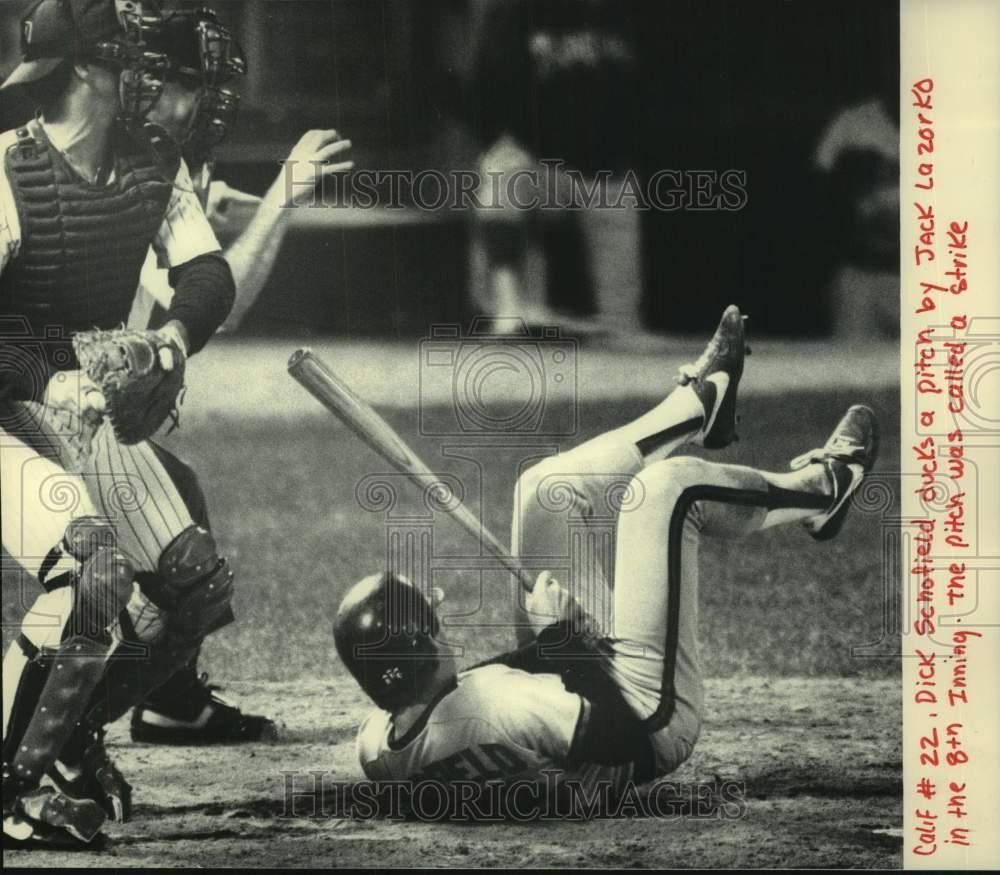 1984 Press Photo Angels' Dick Schofield ducks a pitch by Brewer Jack Lazorko