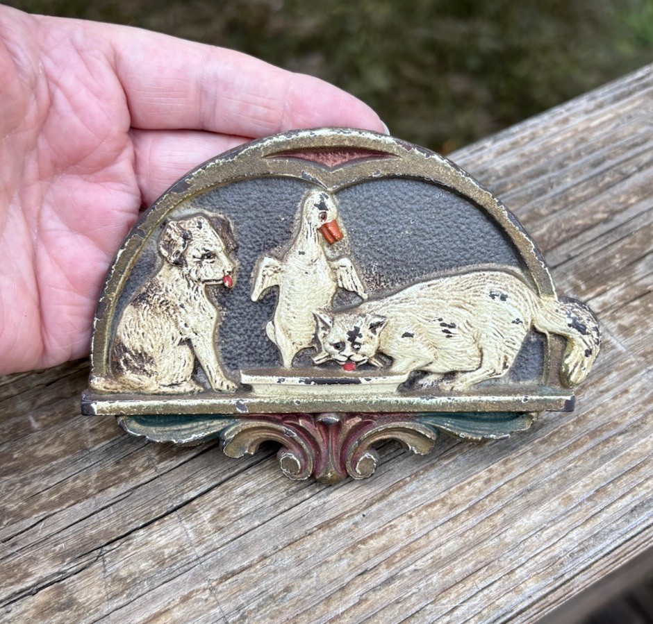Antique USA Judd Dog Cat Duck  Cast Iron Wall Plaque Curtain Rod Tieback Decor