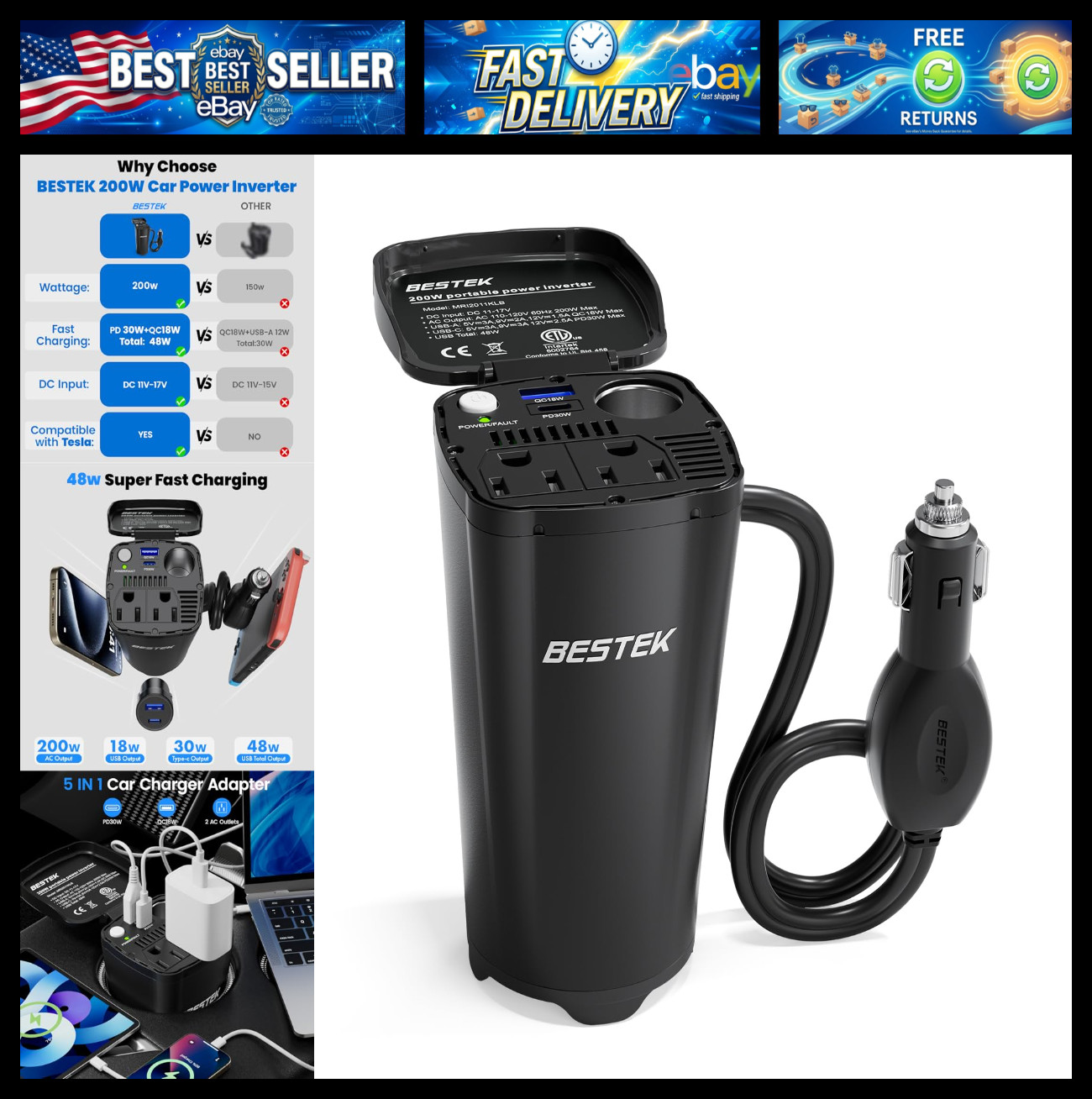 BESTEK 200W Power Inverter, 12V DC to 110V AC Car Plug Adapter Outlet Converter