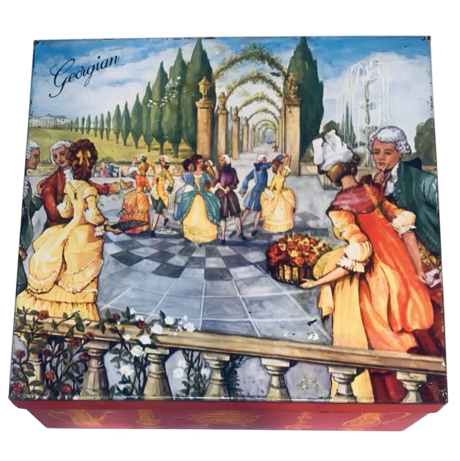 VTG Minuet Ball Tin Box ELKES Georgian British Biscuit Tin Litho Art Dancing