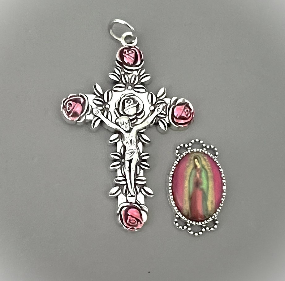 2pc Dark Pink Silver ROSE Rosary CRUCIFIX & Lady of Guadalupe Centerpiece