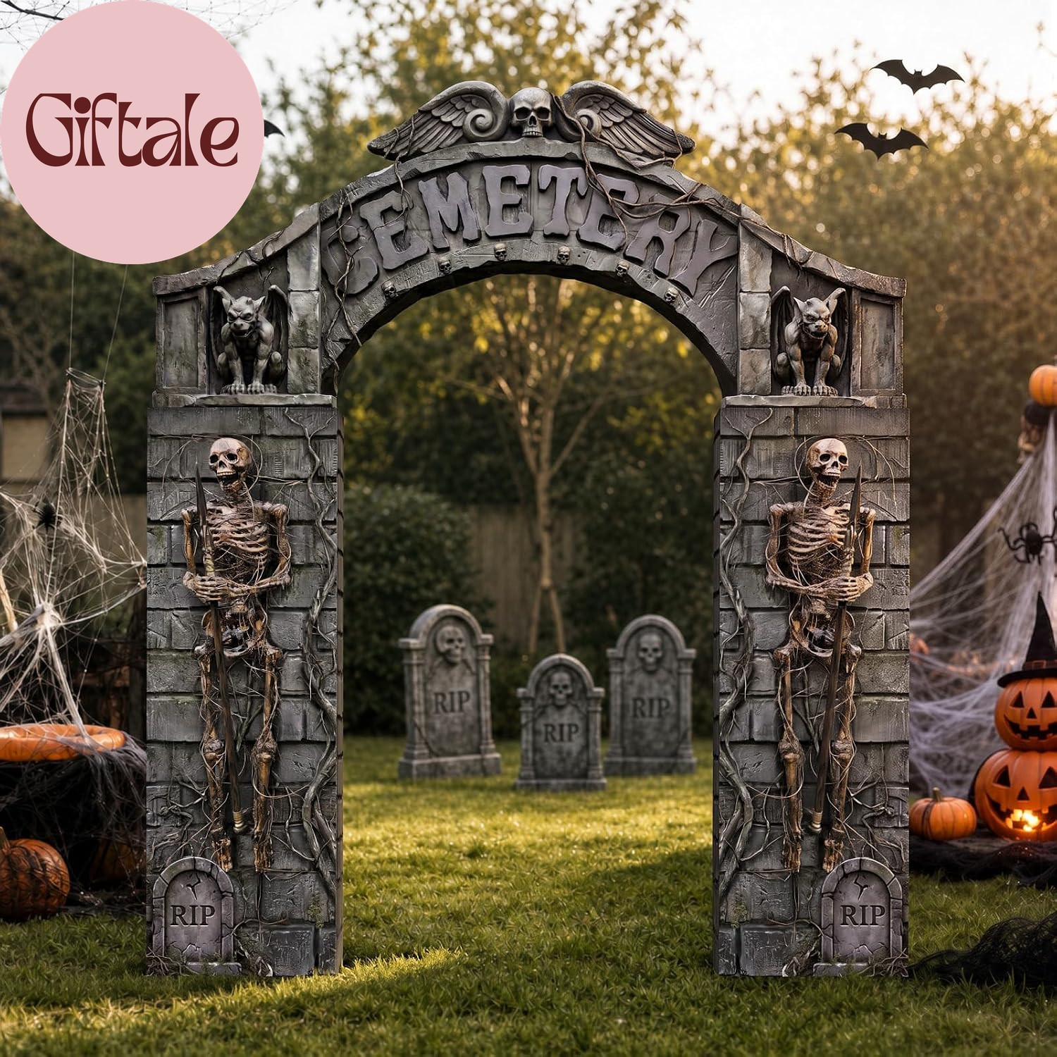 7 Pc Halloween Cemetery Archway Tombstone Skeleton Cardboard Castle Set