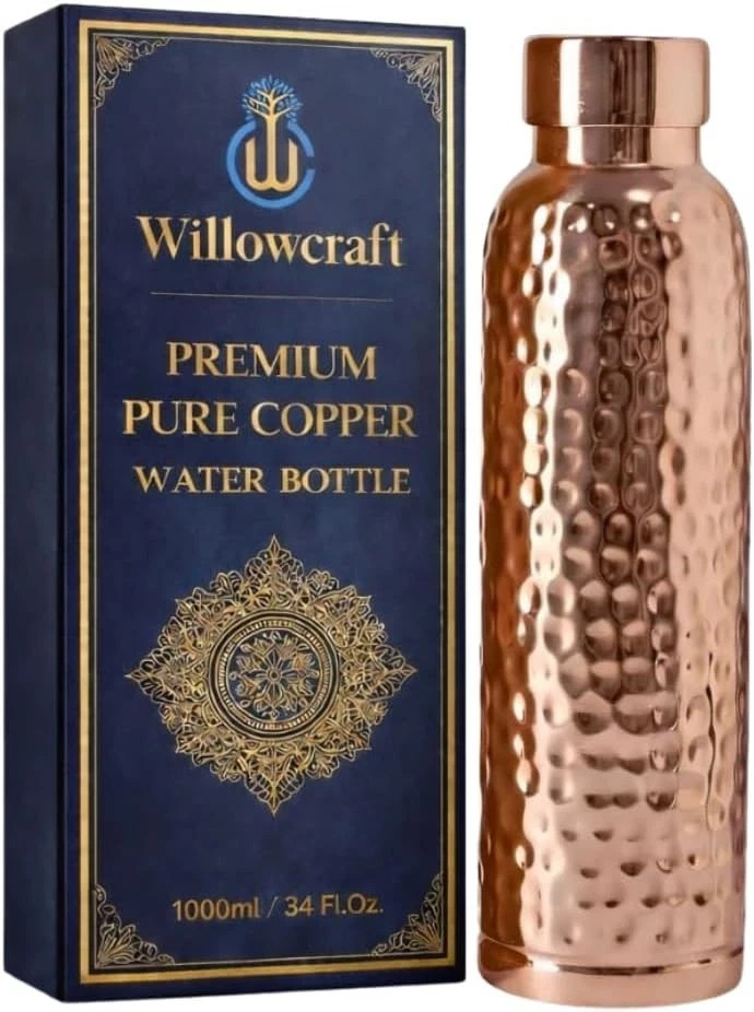 34oz Pure Copper Water Bottle - Handmade Hammered Finish - Ayurvedic Health USA